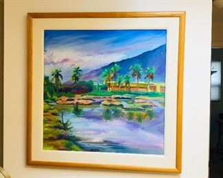 1986 painting by Kathleen MacDonald of Kanaha Pond (Maui, Hawaii), acrylic on canvas, signed at bottom center, image 29” x 29, framed size 37.5” x 37.5”.  