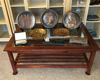 Glass & wood coffee table top (29.5”D, 48”L, 19”H) - with copper souvenir plaques from Egypt & Godinger jewelry box