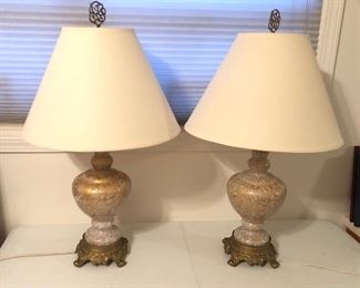 Pair of vintage glass lamps with gilt metal bases (each 29” tall overall)