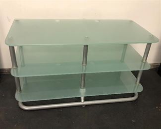 Frosted glass & metal TV/stereo stand - has holes in glass at back for cords (40.5”L, 20”D, 21.5”H) 