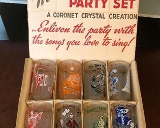 Set of vintage glasses in original box (each glass features a different old song, i.e. “How Dry I Am”) 