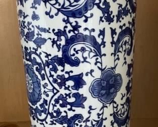 blue white umbrella stand 1 closeup.  we have 2 with the same pattern