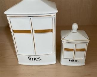 white with gold rice cloves canisters