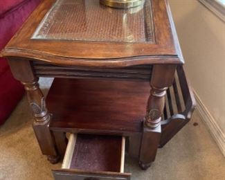 Wood and glass side table with magazine rack and drawer.  $65.00       20"w 24"d 25"h