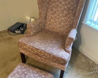 Mauve and light flowered High back chair with footstool   $125.00                                                                                                                          Chair:29"w 29"d 43"h                                                                                     Footstool: 20"w 14"d 10"h