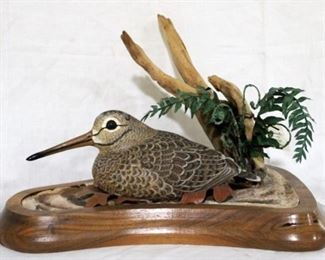 113 - American Woodcock with Lady Fern carved & painted wood McDowell's 1995 original price $1500 14 x 12
