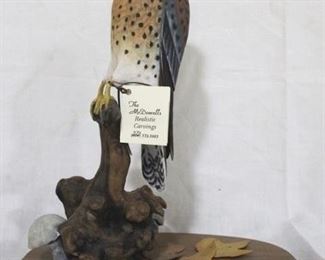 120 - American Kestrel carved & painted wood bird on stand McDowell's 1984 owner's collection, originally not for sale 14 x 11

