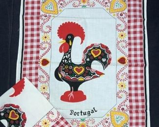 2 Folk Art Style Chicken Cotton Towels, Portugal
