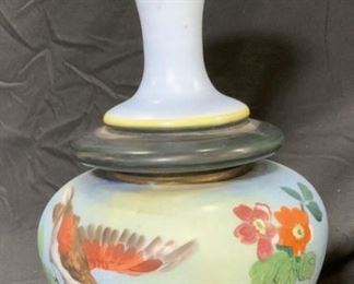 Hand Painted Milk Glass Vase w Bird and Flowers
