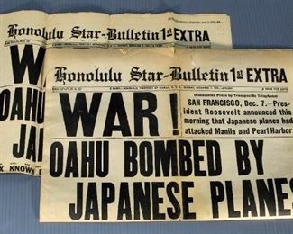 Honolulu Star-Bulletin December 7, 1941 Extra Edition Newspapers Declaring Pearl Harbor Bombing, Qty 2