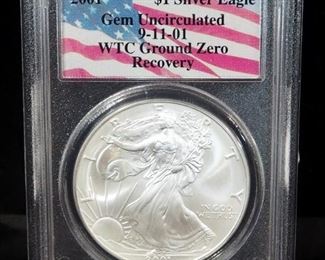 2001 American Eagle World Trade Center Ground Zero Recovery $1 Silver Coin, 1 oz Fine Silver Certified By Collectors Universe, Graded Gem Uncirculated