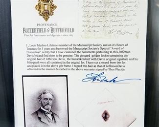 Jefferson Davis Hair Strand From Louis Mushro Collection, Envelopes Addressed To Jefferson Davis, Qty 2, And Repro Jefferson Davis Check