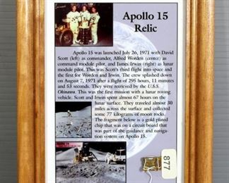 Apollo 15 Memorabilia, Includes Chip From Navigation System, Cards With X Made From Pencil Used On Apollo 15, And Apollo XI Pin