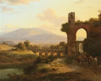 8	Ramsay Reinagle Oil on Canvas Claudian Aqueduct	Ramsay Richard Reinagle (England, 1775-1862). Oil on canvas, Part of a Claudian Aqueduct. Signed and dated R.R. Reinagle 1807, lower right and inscribed on verso "by R.R. Reinagle R.A., R. Nesham (?) 1883" and on stretcher "R. Nesham 1883" and "by R.R. Reinagle 1807 Part of a Claudian Aqueduct". With partial wax seal on stretcher and partial paper label on frame. 19 3/4" x 28 1/4" (with frame 27 7/8" x 36"). Repairs and inpainting to grass, below cattle, into aqueduct and to tree on right side and minor repair to sky; some chips and losses to frame.
