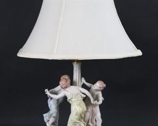 16	Dresden Porcelain Lamp Maidens Dancing	Dresden porcelain figure group maidens dancing, mounted on wooden lamp base. SP (Sachsische Porzellan-Manufaktur) Dresden mark to the underside. 26 3/4"H including base and finial.
