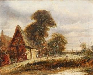 13	John Crome Oil on Canvas A Norwich Lane	John Crome (Old Crome) (England, 1768-1821). Oil on canvas village scene, A Norwich Lane. Signed lower left J. Crome. 13 1/4" x 17 1/4" (with frame 21 1/4" x 25 1/4"). Repairs upper left and upper right corners, inpainting and repair to sky upper left; chips and losses to gilt frame.
