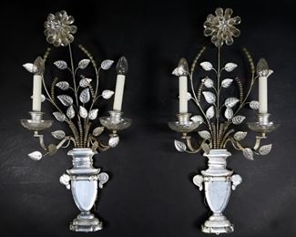 24	Pair of Maison Bagues Style French Crystal Sconces	Pair of French Maison Bagues style crystal sconces. Each 26 1/2"L to top of flowers. Crack and chip to one candle cup.
