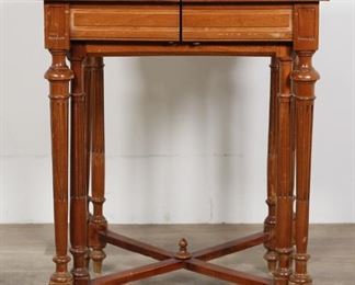 29	Regency Fold-Out Leather Inset Game Table	"Regency fold-out leather inset game table. 19th century. Six colonnade legs, leather inset top decorated with Egyptian Revival sphinx motifs, x-form stretcher with center finial. Table opens to three different lengths. Scratches, split to wood, scuffs, and marks to wood throughout table when fully opened. Scratches, scuffs, and stains to wood throughout top of table when opened with leather inset. Staining and wear to leather inset. Hinges and screws of folding tops are slightly loose. Chips to wood on edges of top. Scratches and scuffs to wood throughout legs and stretcher.

Closed: 23 3/8"" W x 23 3/8"" D x 30 3/4"" H. Opened to leather top: 46 3/4"" W x 23 3/8"" D x 30 1/8"" H. Opened completely: 70 1/8"" W x 23 3/8"" D x 29 1/4"" H.

Provenance: Sotheby's New York, Lot 464. From the collection of a prominent Connecticut family."
