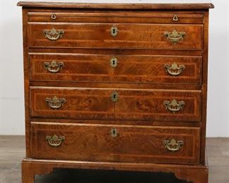 39	Queen Anne Burl Walnut Chest of Drawers	"Queen Anne burl walnut chest of drawers. English, 18th century. Burled walnut and inlaid top and drawer fronts, bracket feet, brass pulls. Four drawers with brushing slide. ""MADE IN ENGLAND"" stamped on  Refinishing to wood throughout chest. Chips, nicks, wear, cracking and losses to veneer on wood of top. Scratches and marks to wood on left and right sides of chest. Scuffs, nicks, and wear to wood on feet of chest. From the collection of a prominent Connecticut family.

29 3/8"" W x 18 1/4"" D x 29 7/8"" H.

"

