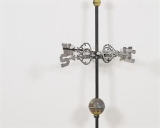 52	Dexter Horse Weathervane	"Dexter horse weathervane. Horse circa 19th century, directional arrows later 20th century. Copper horse body with zinc head, copper post ball and lower support, all with verdigris patina. Cast iron post. Horse is removable from post. Remnants of gold paint throughout body of horse. Rusting, wear, oxidization and loss throughout all metals. Head appears to have been resoldered. Small splits to metal of horse's legs and hooves. Separation to horse's front left leg from post.

Horse (removed from post): 18 1/2"" H x 29 1/4"" x 4"" W. Overall dimensions with horse on post: 65 1/2"" H x 21 1/2""W"
