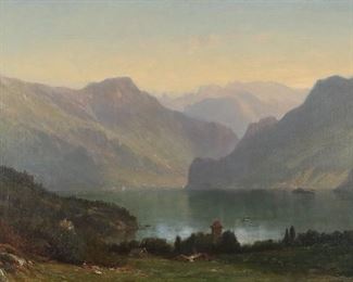 54	Samuel Lancaster Gerry Oil on Canvas Landscape	Samuel Lancaster Gerry (American, Boston, Massachusetts, 1813-1891). Oil on canvas laid down on board, coastal mountain landscape. Signed lower right S.L. Gerry. 18 1/4" x 28 3/4" (with frame 24 3/4" x 35"). Relined, varnished, some crazing, wear and paint loss to edges from frame.
