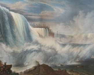 53	After John Bornet Lithograph Niagara Falls	After John Bornet (American, New York, 19th century). Hand colored lithograph Niagara Falls, American Side. Goupil & Co., publisher; Nagel & Weingartner, printer. Signed and dated in the plate lower left J. Bornet 1855. In period frame. 23 1/2" x 35 1/2" (with frame 33 3/4" x 46"). Some foxing, no other visible damage - not examined out of frame; some chips and losses to frame.
