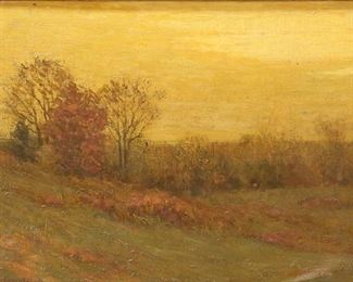 57	Charles Warren Eaton Oil on Canvas Panel Landscape	Charles Warren Eaton (New York / New Jersey, 1857-1937). Oil on canvas panel landscape. Signed lower left Chas. Warren Eaton. 11 1/2" x 15 1/4" (with frame 19" x 23"). Inpainting throughout, chips at corners and along edges, panel bent upper left, canvas separating from panel lower right; chips, cracks and scratches to frame.
