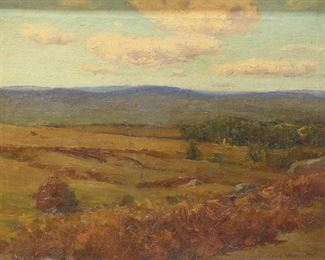 56	Charles Warren Eaton Oil on Canvas Landscape	Charles Warren Eaton (American, New York / New Jersey, 1857-1937). Oil on canvas laid down on board, landscape. Signed lower right. 11 1/2" x 15 1/2" (with frame 16 1/4" x 20 1/8"). Vertical repair through center.
