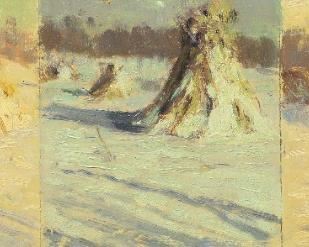 55	George Sotter Oil On Board Triptych Of Haystacks	George William Sotter (Pennsylvania 1879-1953) Oil on board of haystacks during different times of the day. Signed lower left "G.W. Sotter. On verso "Sunrise, Evening, Sunset by George W Sotter. previous owner F.R. J.A. Delaney, pupil". Sight size 4 1/2" x 11 3/4". Overall size 6 3/4" x 14".
