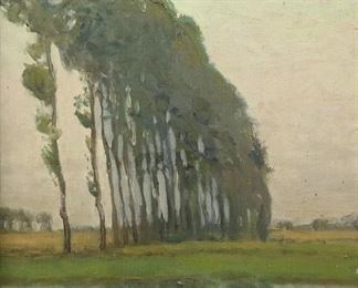 60	Charles Warren Eaton Oil on Canvas Landscape	Charles Warren Eaton (American, New York / New Jersey, 1857-1937). Oil on canvas laid down on masonite, landscape with trees and canal. Signed lower left Chas. Warren Eaton. 15 1/2" x 11 1/2" (with frame 20 1/2" x 16 1/2"). Inpainting at base of trees between second and third trees from left, 1/4" spot of inpainting just above trees on right, small red spots to sky on right side; some tears and separation to canvas at board on verso.
