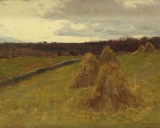 61	Charles Warren Eaton Oil on Canvas Landscape	Charles Warren Eaton (American, New York / New Jersey, 1857-1937). Oil on canvas laid down on masonite landscape. Signed lower right Chas. Warren Eaton. 12" x 17 1/2" (with frame 16 1/4" x 21 3/4"). Tears and fraying to canvas at board on verso, repair to sky upper right, varnished, small red spots in sky upper left, some in painting to wheat stacks, some paint loss along top and bottom edges; chips and losses to gilt frame.
