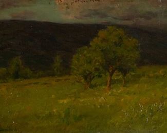 62	Charles Warren Eaton Oil on Canvas Landscape	Charles Warren Eaton (American, New York / New Jersey, 1857-1937). Oil on canvas panel landscape. Signed lower left Chas. Warren Eaton. 11 1/2" x 15 1/2" (with frame 16 1/2" x 21 1/2"). Some inpainting to mountains, paint loss along top edge, varnished; chips to edges and corners of panel on verso - 2 corners repaired.
