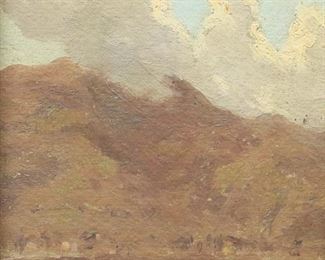 63	Charles Warren Eaton Oil on Board Landscape	Charles Warren Eaton (American, New York / New Jersey, 1857-1937). Oil on panel laid down on masonite mountain landscape. Signed lower left Chas. Warren Eaton. 8 1/4" x 5 7/8" (with frame 12 5/8" x 10 1/2"). Chips to upper right and lower left corners, inpainting to mountains and lower right, paint loss lower right and paint loss and small crack center right.
