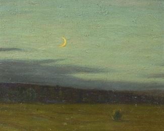 64	Charles Warren Eaton Oil on Canvas Landscape	Charles Warren Eaton (American, New York / New Jersey, 1857-1937). Oil on canvas laid down on board. Crescent moon landscape. Signed lower right Chas. Warren Eaton. 8 1/2" x 11 1/2" (with frame 10" x 13"). Crazing throughout, small repairs on left side of horizon and in center of foreground. Together with a photo of Charles Warren Eaton.
