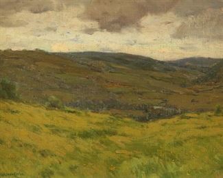 58	Charles Warren Eaton Oil on Canvas Panel Landscape	Charles Warren Eaton (American, New York / New Jersey, 1857-1937). Oil on canvas panel landscape. Signed lower left Chas. Warren Eaton. 11 1/2" x 15 1/2" (with frame 16 12" x 20 1/2"). Panel bent and chipped along left side, upper and lower left corners bent, panel chipped at corners and around edges on verso.
