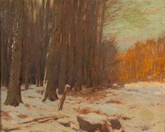 65	Charles Warren Eaton Oil on Canvas Landscape	Charles Warren Eaton (American, New York / New Jersey, 1857-1937). Oil on canvas laid down on masonite wooded landscape The Clearing in Winter. Signed lower right Chas. Warren Eaton. Notation on verso "Collection of J.A. Delaney pupil of Chas. Warren Eaton." 23 1/2" x 19 1/2" (with frame 30" x 26"). Some inpainting between trees, fraying and tears to canvas at board on verso; chips and losses to frame.
