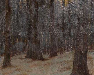 66	Charles Warren Eaton Oil on Canvas Panel Landscape	Charles Warren Eaton (American, New York / New Jersey, 1857-1937). Oil on canvas panel wooded landscape. Signed lower left Chas. Warren Eaton. Notation on verso reads "'Early Morning' 'Seaside Park' by J.A. Delaney". 9 1/2" x 7 1/2" (with frame 14 1/2" x 12 1/4"). Light scratches to foreground, varnish and inpainting throughout trees.
