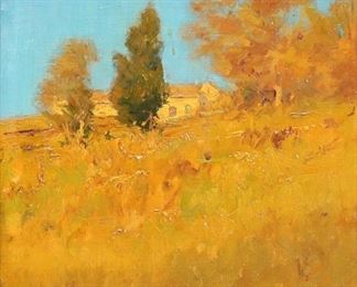 68	Charles Warren Eaton Oil on Panel Autumn	Charles Warren Eaton (American, New York / New Jersey 1857-1937). Oil on panel house in autumn landscape. Signed lower right Chas. Warren Eaton, with info on verso. 8 3/4" x 6 3/4" (with frame 14" x 12"). Chips and some paint loss along top edge.

