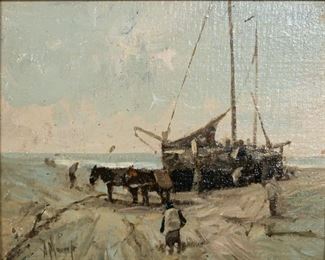 70	Anton Mauve Oil on Wood Panel Beach Scene	Anthonij Rudolf Mauve (Dutch, 1838-1888). Oil on wood panel beach scene with people, mules and boat. Signed lower left A. Mauve. 7 1/2" x 9 1/2" (with frame 12" x 14").
