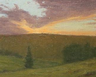 67	Oil on Canvas Landscape in the Style of C.W. Eaton	In the style of Charles Warren Eaton (American, New York / New Jersey, 1857-1937). Oil on canvas laid down on board, sunset landscape. Unsigned. 11 1/2" x 15 1/2" (with frame 16" x 20"). Paint loss along edges, spots in sky upper right, inpainting lower left and lower right.
