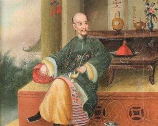 71	Oil on Canvas Howqua in the Style of Tingqua	In the style of Tingqua (China, 1809-1870) and Lamqua (China, 1801-1860), after George Chinnery (England, 1774-1852). Chinese oil on canvas, portrait of Hoqua. In the style of Tingqua and Lamqua, after George Chinnery. 8 1/4" x 7" (with frame 12 1/4" x 11"). Crazing throughout, repairs and inpainting along right side into shoulder and below platform lower left.
