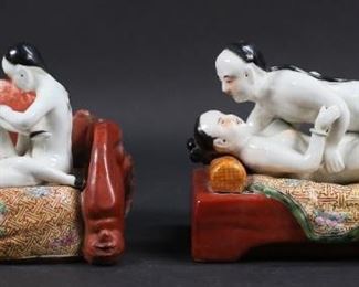 73	2 Erotic Chinese Porcelain Figures	2 Chinese porcelain figure groups depicting erotic scenes. Both with impressed marks. 9 1/4"L x 6 1/4"H and 8"L x 6 3/8"H. Loveseat with losses, damage and discoloration to painted decoration on back and arms, bed and bed covering with some losses and discoloration to decoration on one side. From the collection of a prominent Connecticut family.
