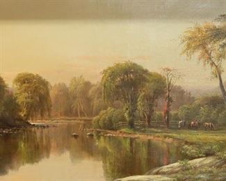 69	Attributed to Charles Day Hunt Oil on Canvas	Attributed to Charles Day Hunt (American, 1840-1914). Oil on canvas cows in river landscape. signed lower right C. Hunt and dated 64. 12 1/2" x 22 1/2" (with frame 20 1/4" x 30 1/4"). Small indentation and tear lower center, chips and losses to gilt frame.
