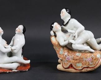 74	2 Erotic Chinese Porcelain Figures	2 Chinese porcelain figure groups depicting erotic scenes. 1 with illegible impressed mark. 8 3/8"L x 8 1/4"H and 5"L x 5 3/4"H. Losses and discoloration to decoration on base of seated couple and chipping and imperfection to underside, some discoloration to bottom edge of rocker. From the collection of a prominent Connecticut family.

