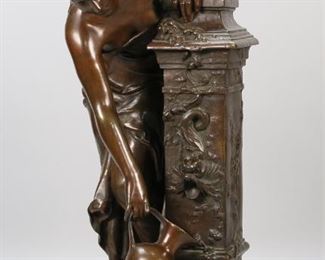 79	After Paul Armand Bayard de la Vingtrie Bronze	After Paul Armand Bayard de la Vingtrie (France, 1846-1900). Bronze of a woman getting water from a fountain, La Source (A La Fountaine). Signed on base of fountain, Bayard de la Vingtrie. 25"H x 9"-diameter at base. Some loss to patina on arms and head.
