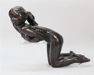 81	Tom Greenshields Bronze Nude Figure	Tom Greenshields (England 1915-1994) Bronze nude of a woman. Signed on right lower leg "T Greenshields". Felt on bottom of knees marked "113/200". Scratches to lower back and right calf. Smaller scratches throughout. 13" x 15" x 5 3/4". From the collection of a prominent Connecticut family.
