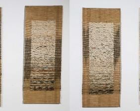 83	Cynthia Schira Textile Tapestry 6 Panels	"Cynthia Schira (American, b 1934 - ) 6 Panel Modern Abstract Tapestry on Hemp covered panels with Handwoven strips weaved into the panels. Unsigned.
The six panels are labeled 1-6, mounted on steel rods on top and bottom. Fraying to the edges of some strips.

Each Panel is 63"" x 24"".
"
