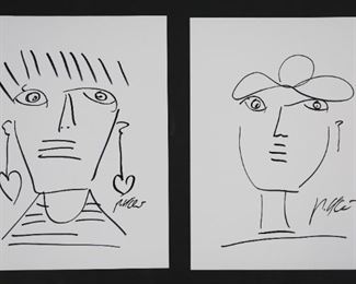 86	2 Peter Keil Marker on Paper Portraits	Peter Robert Keil (Germany, 1942-). 2 marker on paper abstract portraits. Both signed lower right, and with COAs on verso. Both unframed. Each sheet 28" x 22". Some minor creasing to top and bottom edges.
