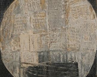 85	Jay Milder Oil & Mixed Media on Canvas Abstract	Jay Milder (American, 1934-). Oil and mixed media on canvas, abstract with letters. Signed lower right J. Milder and dated 60. 50" x 50" (with frame 51 1/4" x 51 1/2"). Crazing throughout, minor paint loss at corners and along edges; some separation to frame at corners.
