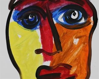 91	Peter Keil Acrylic on Paper Portrait	Peter Robert Keil (Germany, 1942-). Acrylic on paper, abstract portrait. Signed lower right. With COA on verso. Unframed. Sheet 28" x 22". Some waviness to paper.
